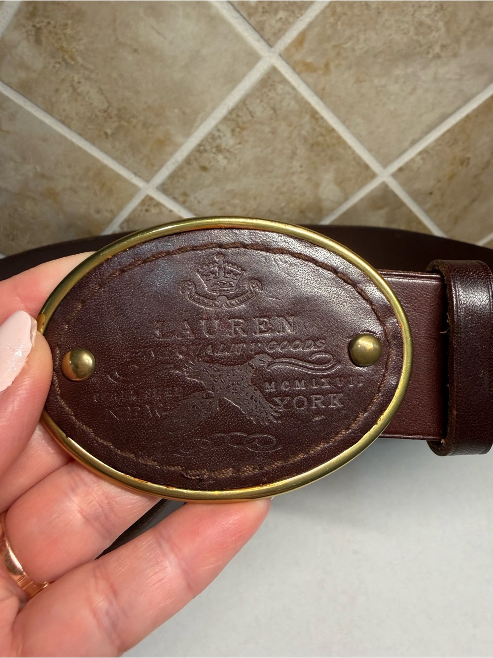 Lauren Ralph Lauren brown leather wide belt, oval buckle, size M